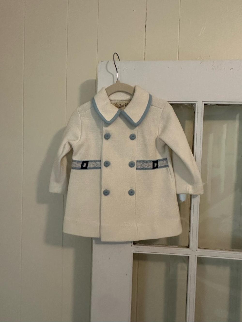Baby Vintage “Little World” double breasted coat blue & cream